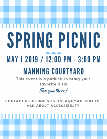 Spring Picnic poster, blue checked pattern with event information in the middle