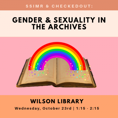 Poster for "Gender and Sexuality in the Archives" featuring a rainbow coming out of a book
